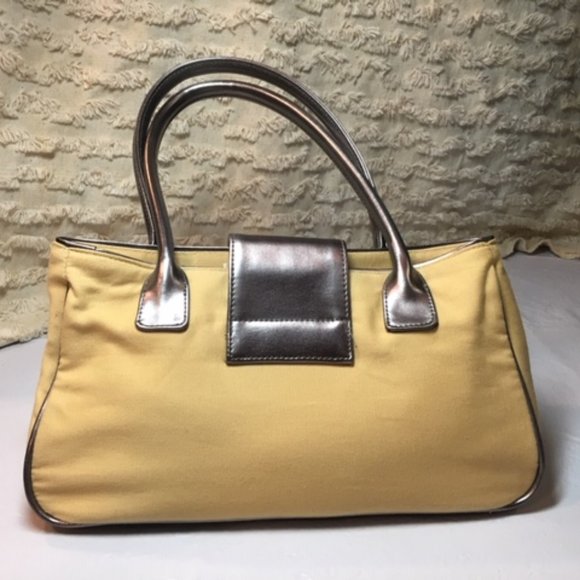 Victoria's Secret Yellow Cotton Canvas w/Silver Trim Satchel Handbag 12"x5" - Picture 3 of 11